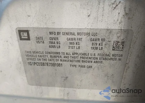 2014 Chevrolet Cruze 1Lt Auto z USA, uszkodzony, nr VIN 1G1PC5SB7E7391981